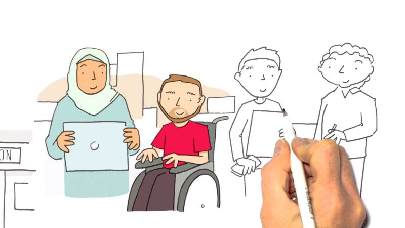 Hand sketching diverse group: wheelchair user, laptop user, people with clipboards