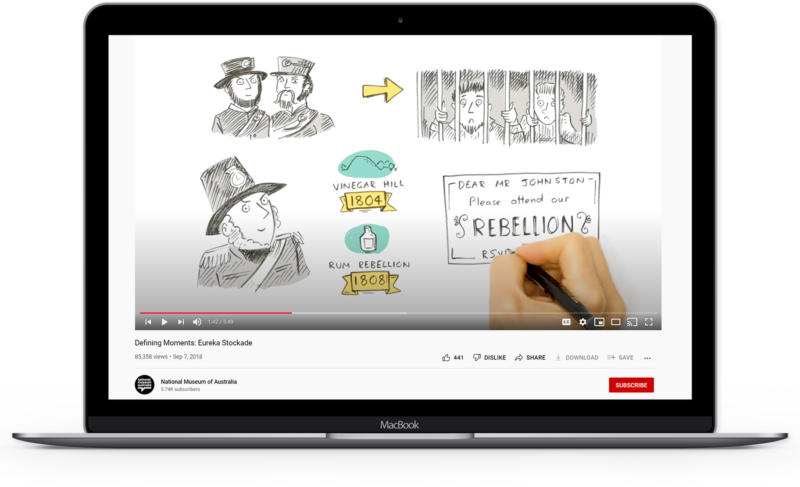 A laptop displays a YouTube video titled Defining Moments: Eureka Stockade by the National Museum of Australia, featuring animated drawings of historical figures.