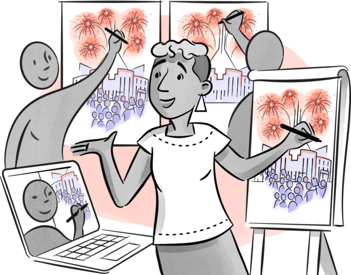 A trainer teaches visual thinking to a group of people in-person and via videoconference
