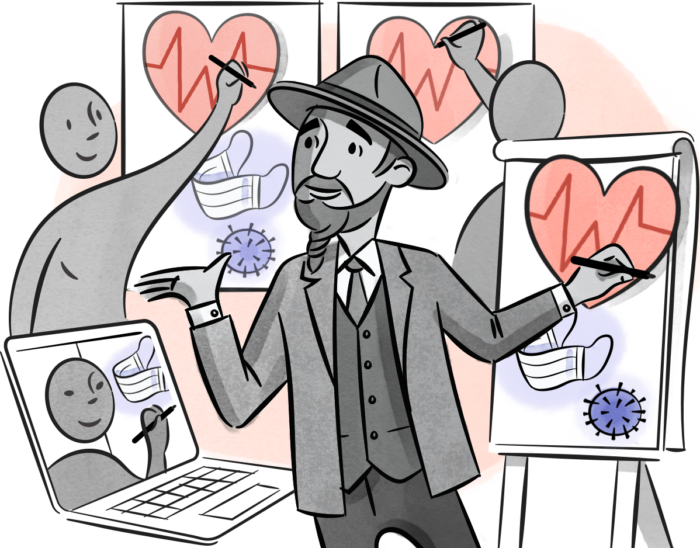 A trainer teaches visual thinking to a group of people in-person and via videoconference