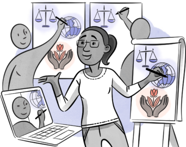 A trainer teaches visual thinking to a group of people in-person and via videoconference