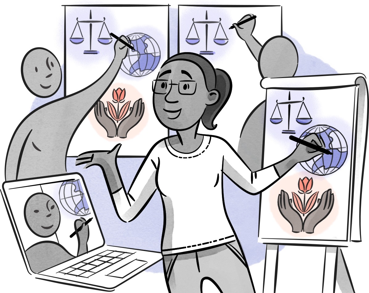 A trainer teaches visual thinking to a group of people in-person and via videoconference