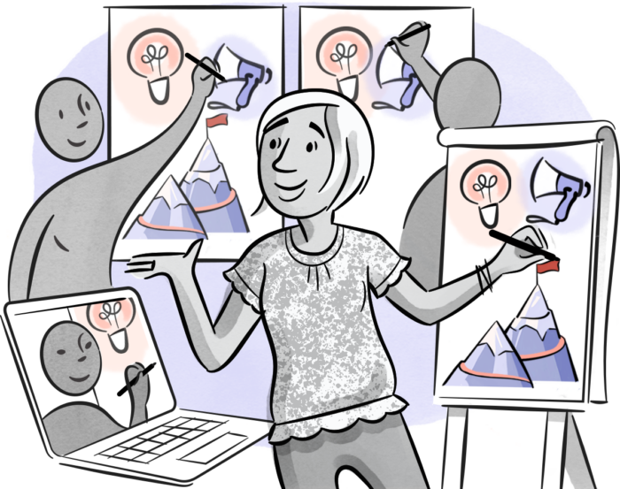 A trainer teaches visual thinking to a group of people in-person and via videoconference