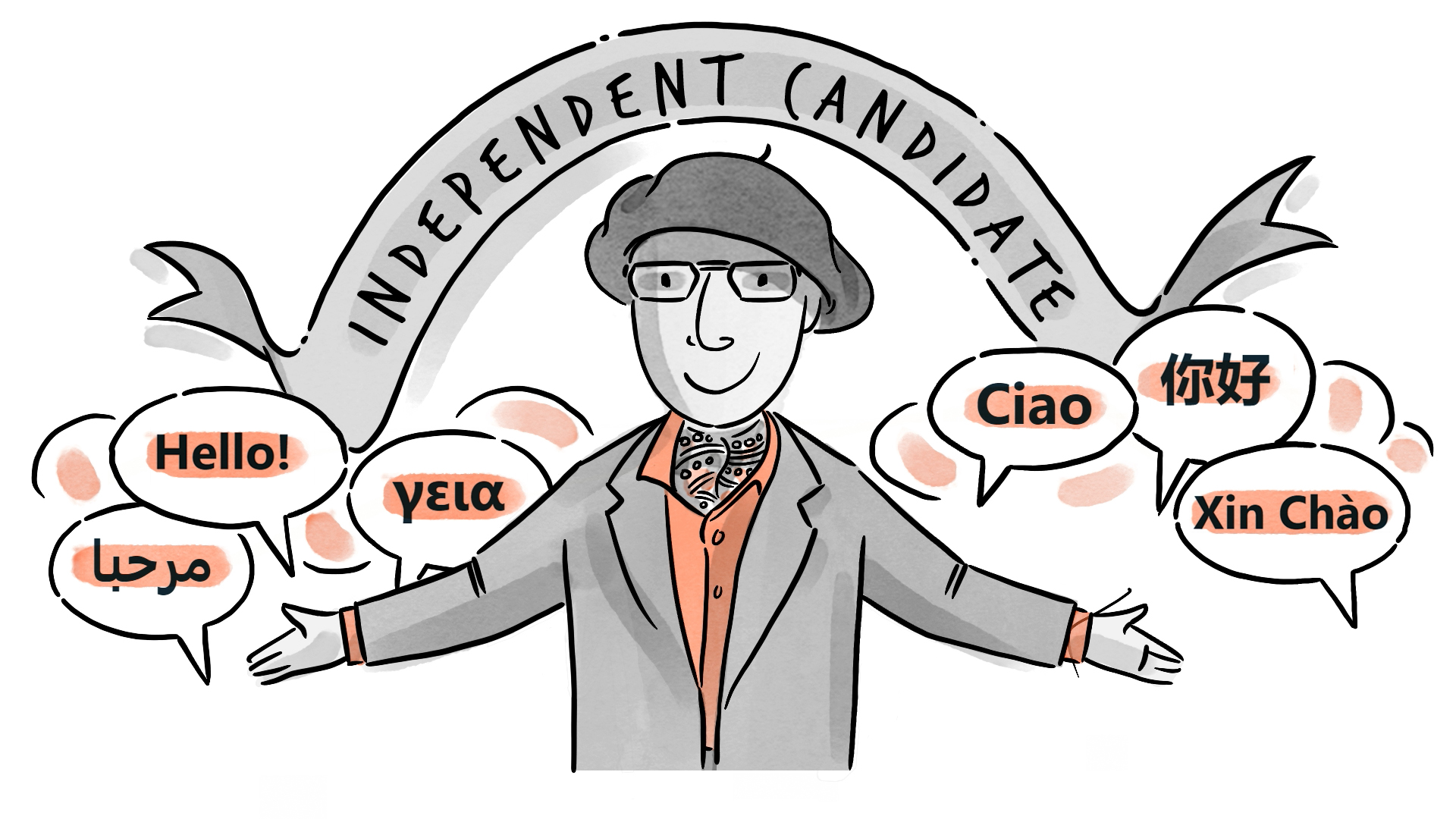 An illustration of Gaetano Greco, surrounded by a number of speech bubbles all saying "Hello" in different languages. A banner above him reads "Independent Candidate"