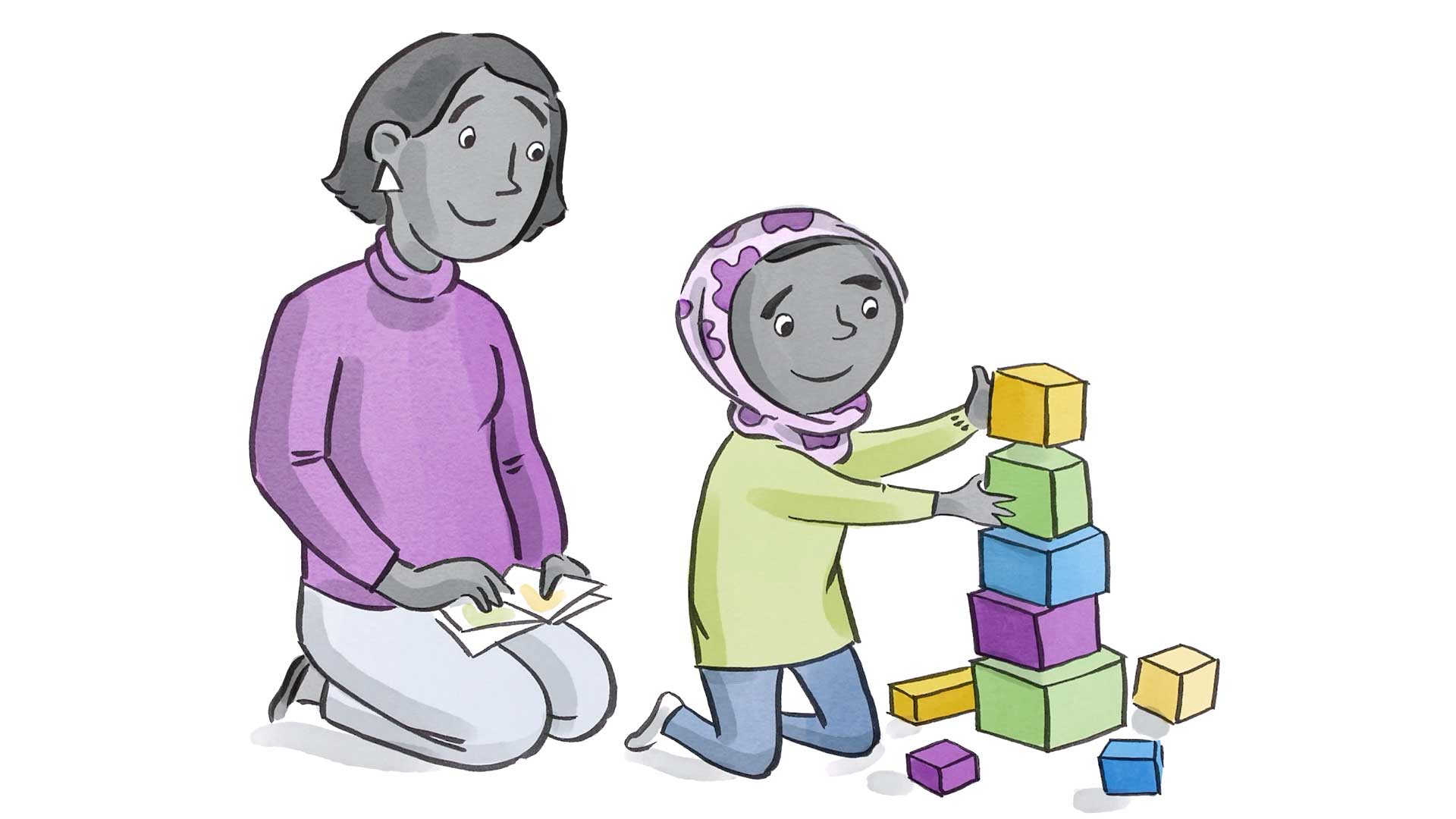 A child in a green shirt and headscarf builds a colorful block tower while a woman in a purple top kneels beside, reading a book on a white background.