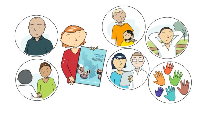 Person holding a PLANNING FOR WELLNESS booklet with illustrations of diverse people interacting and colourful handprints.