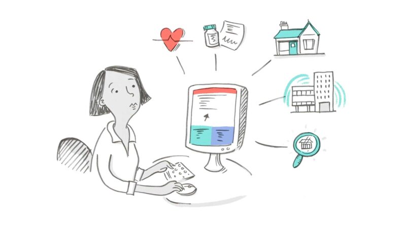 A person types on a keyboard while looking at a computer screen; icons representing healthcare, medication, a home, a building, and a search appear around them.