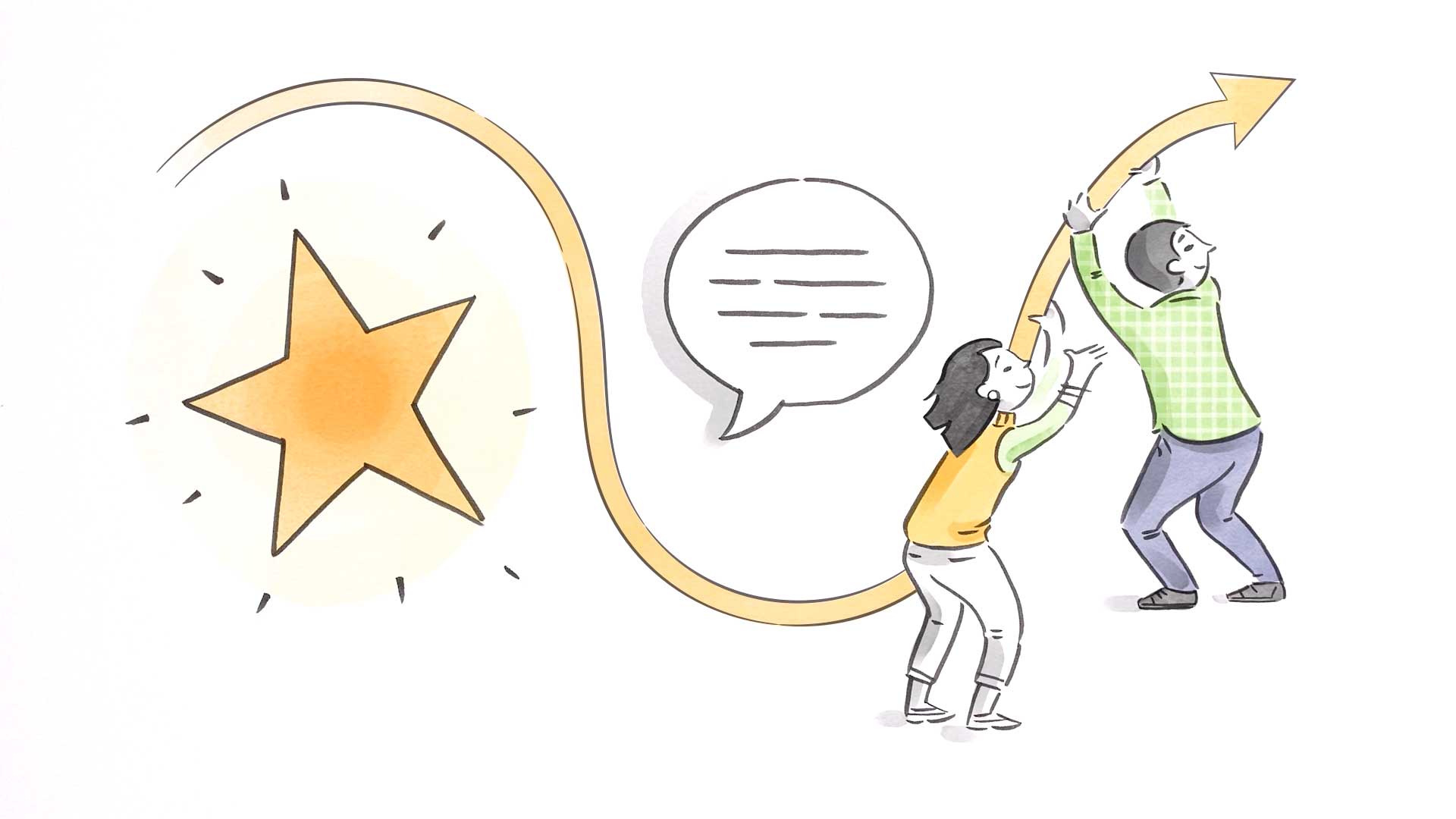 Man and woman collaborating to move an arrow forward