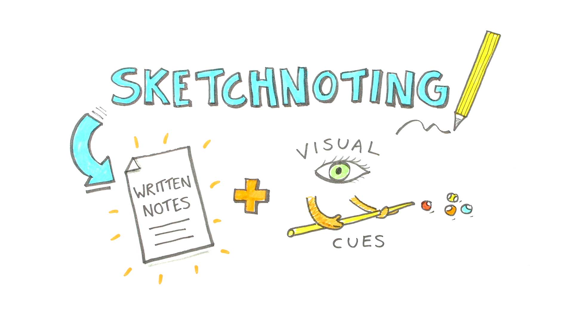 SKETCHNOTING text with a pencil, paper labeled WRITTEN NOTES, a plus sign, a drawing hand holding a pencil, and text VISUAL CUES with an eye, all in vibrant colors.