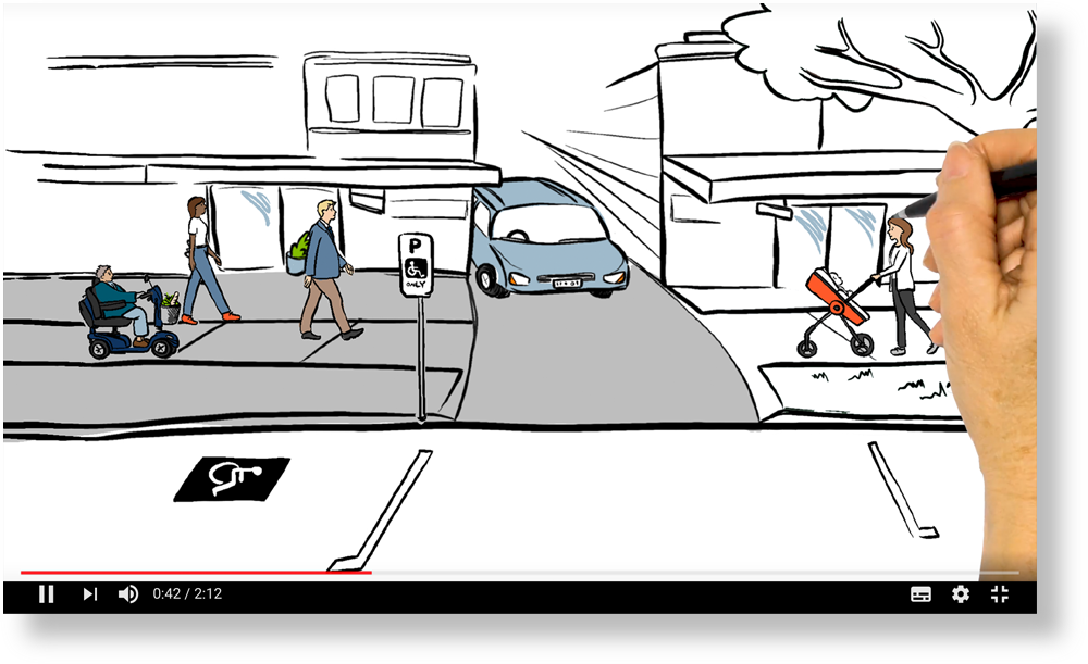 An illustration of a sketch video shows a hand drawing a city scene with a person in a wheelchair and pedestrians crossing the street, a parked car, and a stroller on the sidewalk.