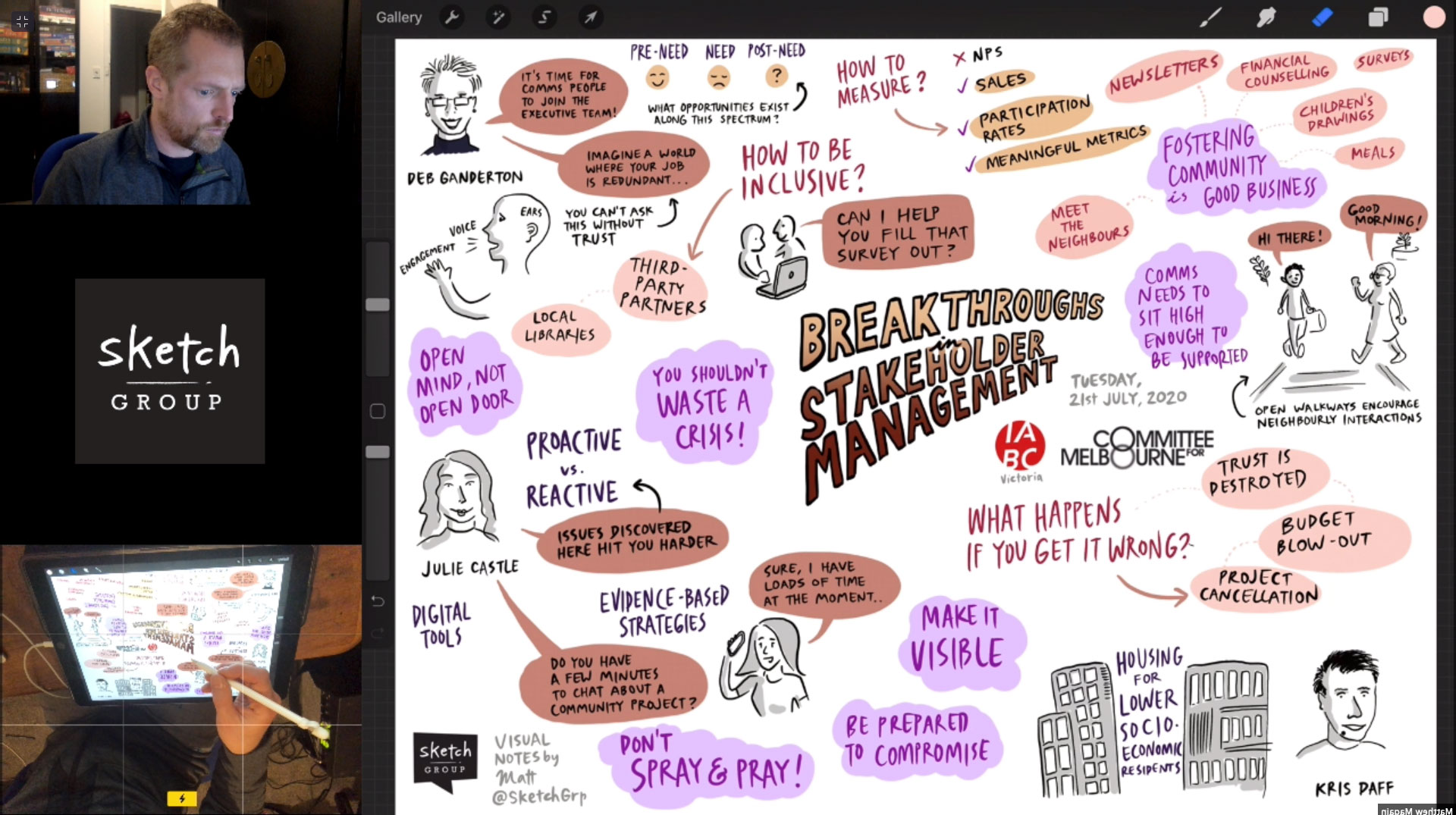 Man drawing a colourful sketch on a digital device about Breakthroughs in Stakeholder Management, with event details and sponsor logos.