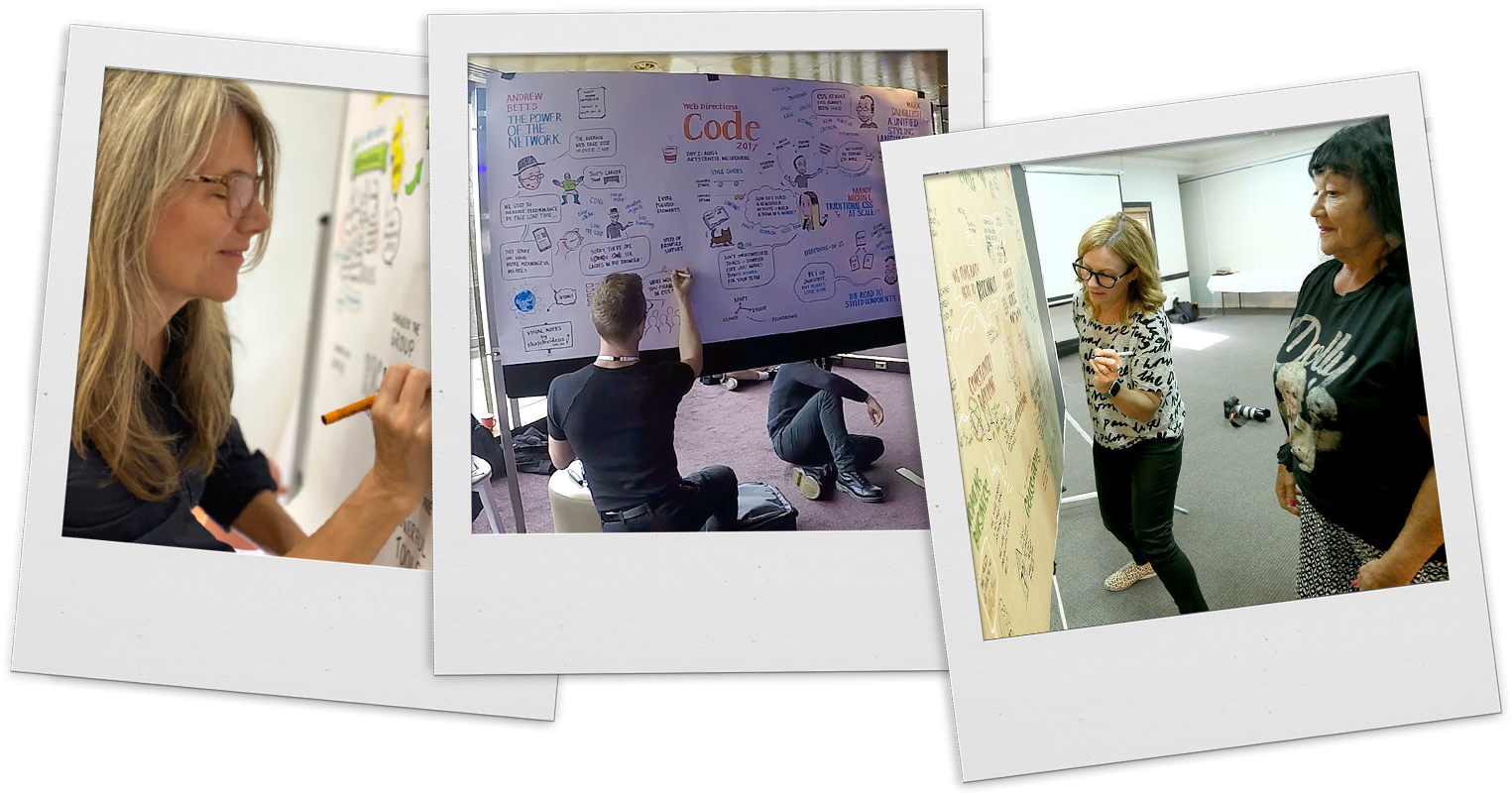 Three Polaroid photos showing individuals drawing on whiteboards filled with graphic recordings showing sketches and diagrams in a professional setting.