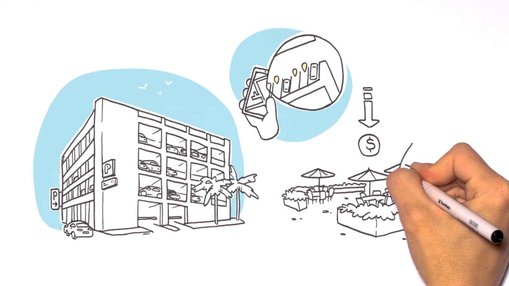 Hand-drawn parking garage with parking app inset.