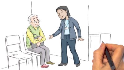 Drawing of elderly man and woman in waiting room.