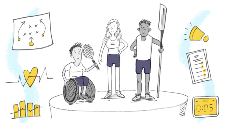 Visual storytelling: Image of 3 athletes, a male sitting in a wheelchair holding a tennis racquet, a female standing and another male standing holding an oar on a podium surround by other graphics: a diagram showing sports strategy play, a heart beat image, a graphic, a loud speaker, a checklist and a time with 5 mins displayed.