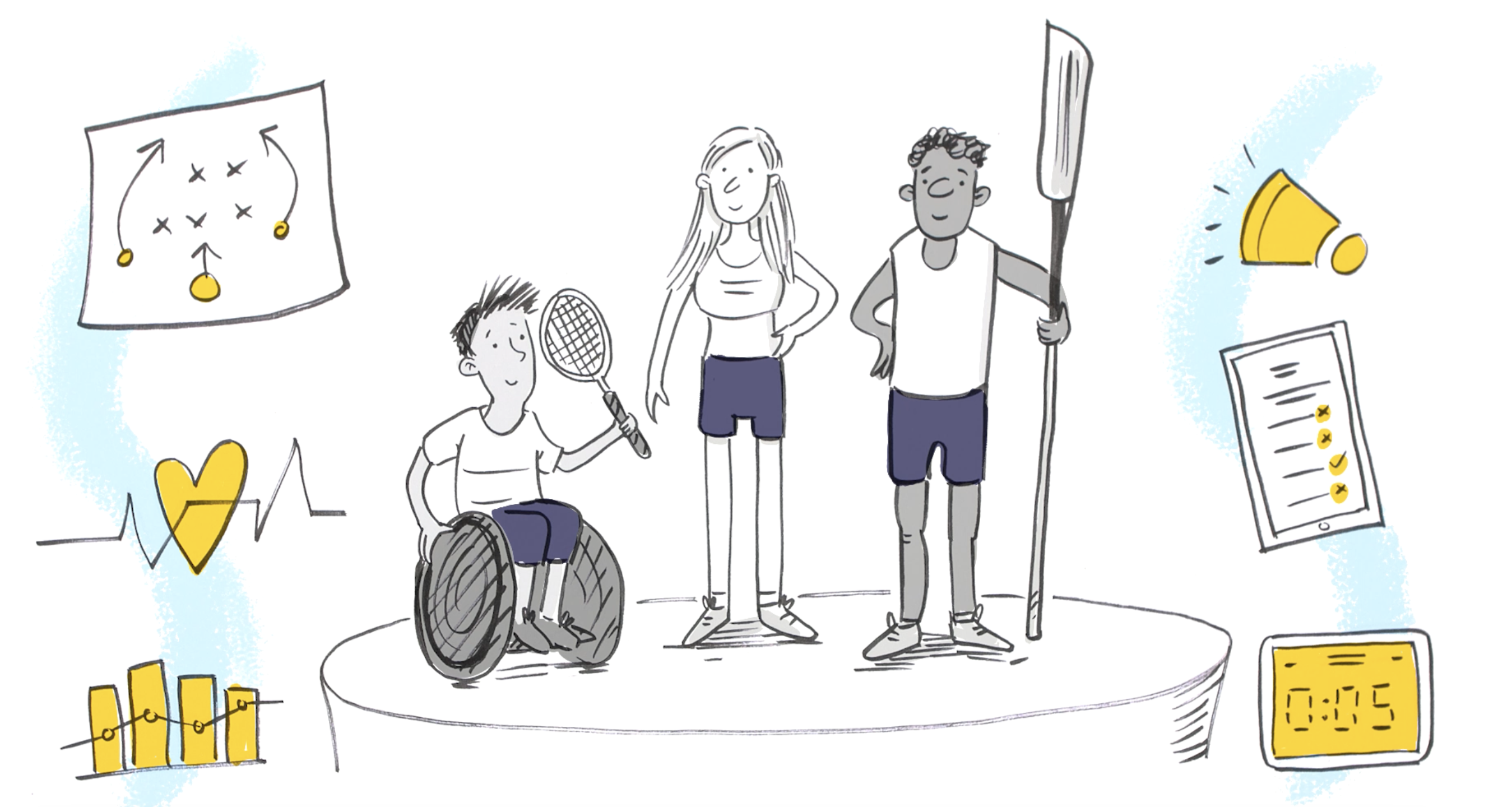 Visual storytelling: Image of 3 athletes, a male sitting in a wheelchair holding a tennis racquet, a female standing and another male standing holding an oar on a podium surround by other graphics: a diagram showing sports strategy play, a heart beat image, a graphic, a loud speaker, a checklist and a time with 5 mins displayed.