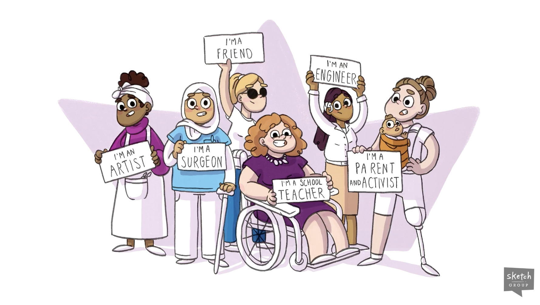 Image representing people from different diversities and backgrounds carrying signs.