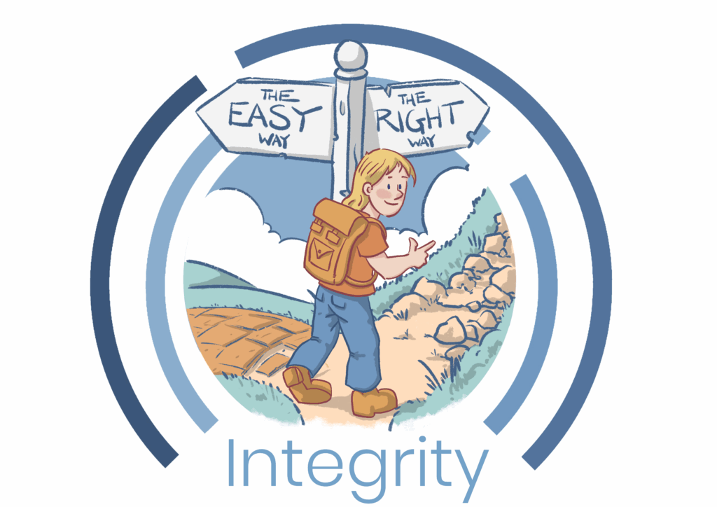 Image of a hiker at a signpost with 2 signs: "The Easy way" and "The Right Way" and heading towards the direction of "The Right Way" with the word Integrity written beneath.