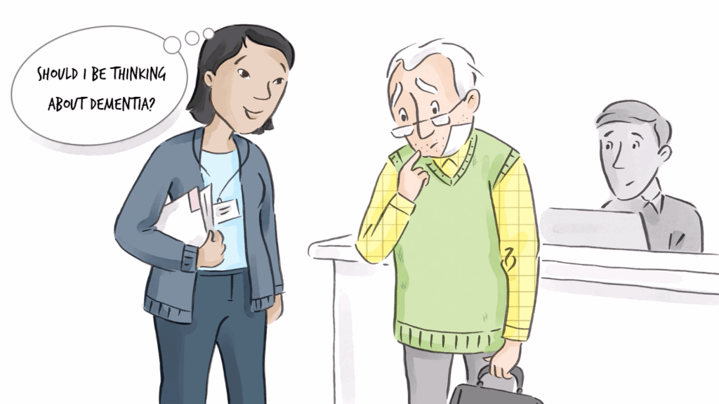 Image of a nurse with a patient with a thought bubble "Should I be thinking about dementia?" from an animated video using visual storytelling.