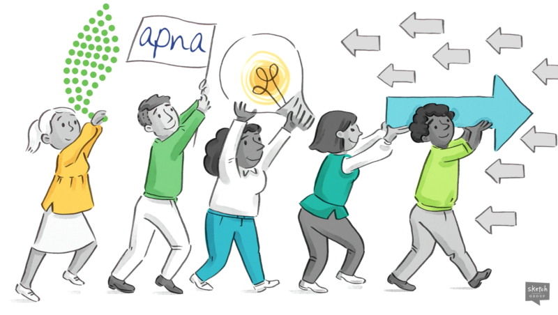 Image of 5 people walking behind each other, one holding an "APNA" flag walking against arrows pointing towards the back of them