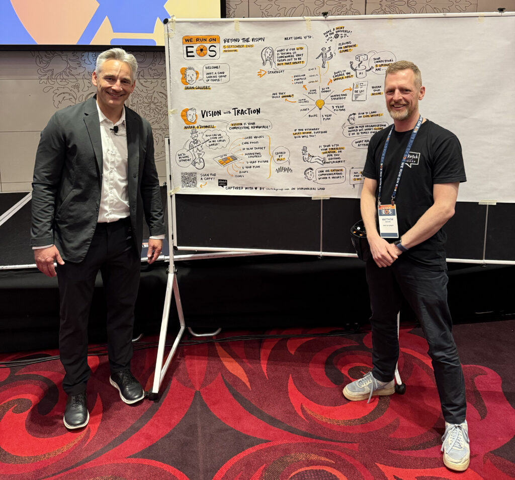 Matt and Mark stand in front of the graphic recording of Mark's keynote 