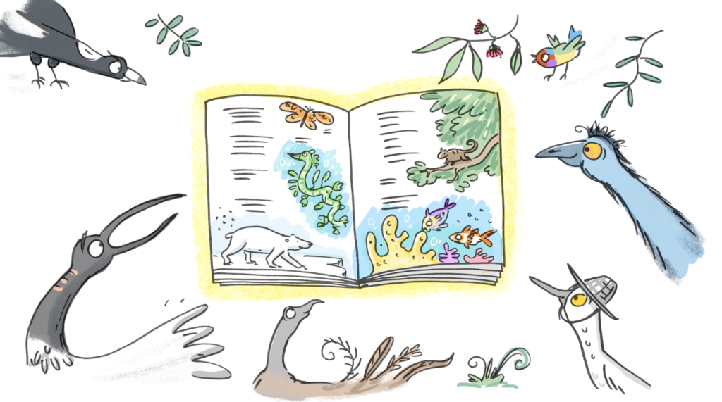 Image of different variety of birds looking at the same book that has visuals and text